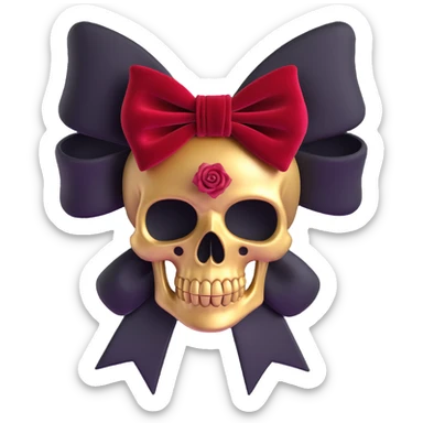 gothic bow with crimson velvet, gold skull charm, deep red rose center, dramatic and gothic style sticker
