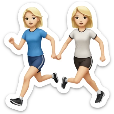 2 white women running holding hands one blonde one dark haired same direction sticker