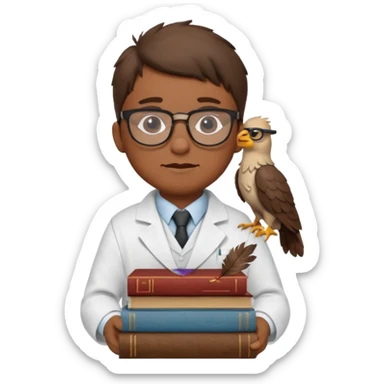 Wise grif with glasses, wearing a lab coat, perched on a stack of books. sticker