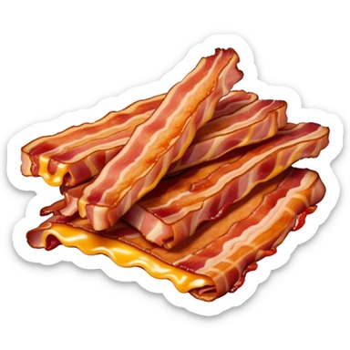 Cinematic crispy sizzling bacon, slightly curled, golden-brown with a perfect crunch, glistening with rich flavor, deep warm tones, served on a breakfast plate, comforting and indulgent. sticker