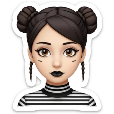 generate a pretty fair bratz girl with dark brown eyes. Dark brown hair straight hair with coloured highlights tied into buns.  eyeliner. black lipstick. Wearing a white and black striped top sticker