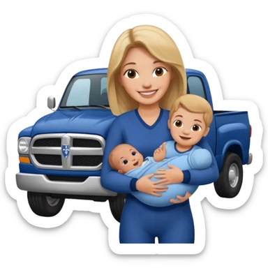 Lady with newborn baby and her tall dark blue dodge truck sticker