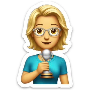 television game show host, lost in thought, holding a trophy sticker