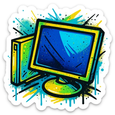 Create a 1080 x 1080 graffiti style rendering of the Windows 'My Computer' icon inspired by the reference image. Use bold colors, spray paint effects, and urban street art style with a transparent background. Focus on vibrant, edgy, and dynamic street art aesthetics with graffiti textures and spray paint splatters. sticker