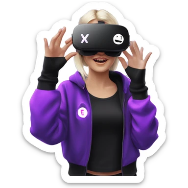 Russian girl wearing black hoody with violet letters "OMG", in vr headset oculus quest2. Dancing. Cyberpunk style. Violet neon. sticker