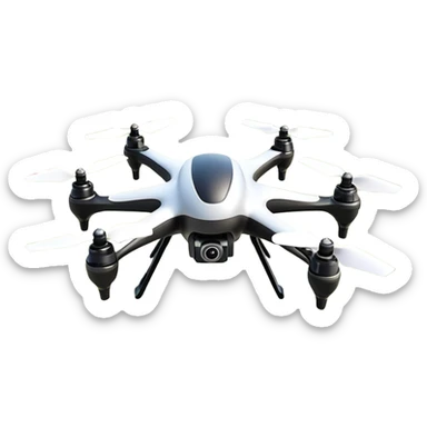 An icon showing a racing quadcopter drone in the foreground, flying at high speed through a course filled with obstacles and checkpoints. Other drones zoom in the background over a dynamic landscape. Transparent background highlights the thrill and precision of drone racing. sticker