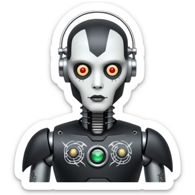 black metal Tatooed robot with radar, big many tatooes on chest, neck and face, white tatoo on face sticker