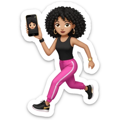 Black woman, adult, 4C black curly hair, dark brown eyes, wearing black top, pink pants, black sneakers, gold hoop earrings, iPhone emoji style na corrida  sticker