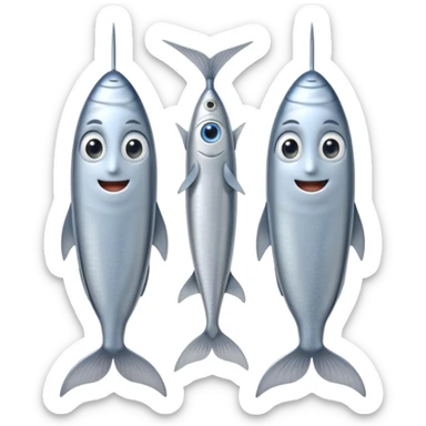 two small whole sardines side by side, silvery skin with light blue-gray tones, fine scale texture, slim elongated bodies, pointed heads, visible eyes, slightly curved tails, soft lighting, subtle shadows, emoji scale sticker