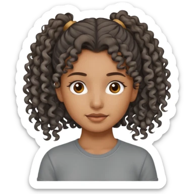A girl Brown girl with a curly ponytail and has a Gray shirt and eyes are brown  sticker