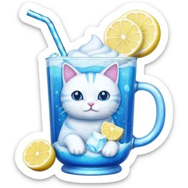 Blue lemonade with ice and a cat marshmellow and glitter  sticker
