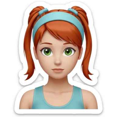 Emoji-style 3D female avatar with fair skin, large green eyes, soft makeup, and auburn-red hair tied in a high ponytail with a light blue hairband.
Wearing a light gray sleeveless tank top, centered front view, smooth realistic shading, clean lighting, isolated background, polished emoji realism. sticker