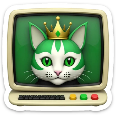 mac os icon code computer retro terminal, black, green white, fantasy court jester cat draw as ASCII GREEN code inside the terminal sticker
