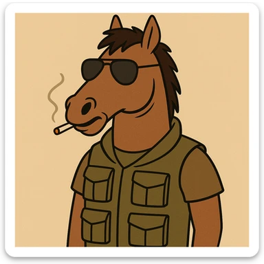 brown horse with an army vibe, cartoon style, wearing aviator sunglasses and a flak jacket sticker