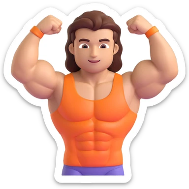 Make a man with hair flexing muscles emoji that looks exactly like the reference image, in iOS emoji style. 3D, shiny, smooth gradients, soft shadows, muscular body, expressive face, and hair. Add a glossy effect to the skin. sticker