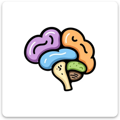 Hand-drawn anatomical brain cross-section showing different colored regions: purple cerebrum, orange cerebellum, blue brain stem, yellow thalamus, green hypothalamus. Detailed medical illustration with anatomical features clearly defined. sticker