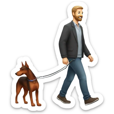 Man with beard walking a red Doberman dog on leash sticker