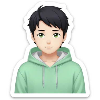 Gorgeous pastel green sweater black hair anime style shojo guy with blushing face and, hoodie, aesthetic, young adult, trending style, outside, vedal987 sticker