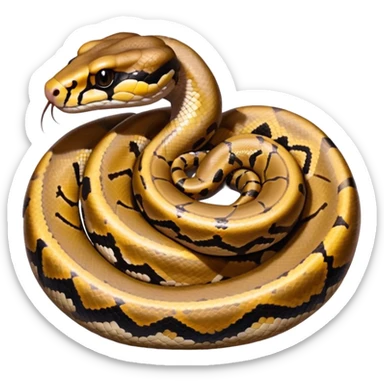 A photo-realistic top-down view of a Ball Python gently coiled into a tight spiral, with its head resting peacefully at the center. Its scales are warm brown with bold, irregular black markings, including the distinctive “alien-head” pattern, flowing smoothly along its body.  sticker