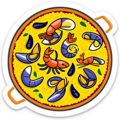 delicious seafood paella with prawns, mussels, and yellow rice in a traditional paella pan sticker