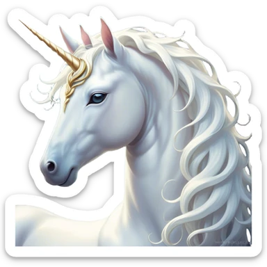 Beautiful and Majestic White Unicorn Portrait Emoji, Head and body exuding serene brilliance with a luminous, flowing mane and a gracefully spiraled horn, eyes gently closed in peaceful reverie, Simplified yet exquisitely enchanting features, highly detailed, glowing with a soft, celestial light, high shine, serene and utterly majestic, stylized with an air of timeless fantasy, soft glowing outline, capturing the essence of a beautiful and majestic white unicorn that embodies the pure magic of legend! sticker