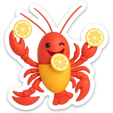 Make the playful lobster wink while holding a lemon in its mouth and twirling, with a transparent background. sticker