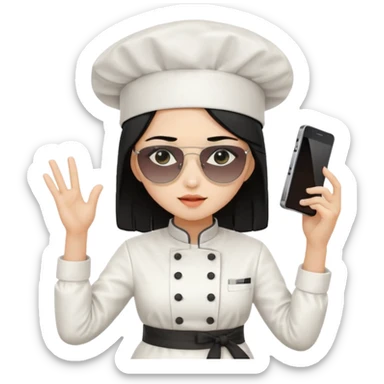 ["A sad woman with light skin, straight hair, wearing a chef hat and sunglasses, dressed in K-pop fashion, is dancing while holding a phone."] sticker