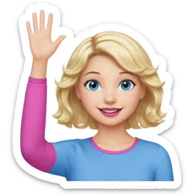 Girl Blonde short wavy hair,  blue eyes, cute blue top, long lashes, pink lips, smiling, hand in the air sticker