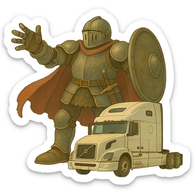 Make Casper the knight smaller, about the same size as the white semi truck, ghibli style, keep transparent background. sticker