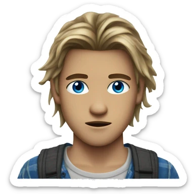 Blue eyed teenage man with a middle split long hair wearing a grunge shirt  sticker