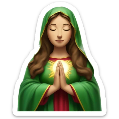 Virgin Mary: kind face looking down at the left, long brown hair, Wearing an emerald green  robe with gold stars and a burgundy red dress,  Hands in prayer or blessing. Halo around her head. standing in front of a big sun. colorful roses on the sides  sticker