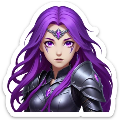 A mysterious warrior girl with long, flowing purple hair catching the dim light. Her glowing violet eyes stare forward, unwavering. She wears sleek black armor, adorned with silver runes that pulse faintly with hidden power. A dark mist swirls at her feet, hinting at the energy she commands. sticker