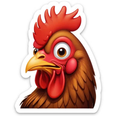 Cinematic Comical Brown Rooster Portrait Emoji, Head tilted dramatically with an exaggeratedly amused expression, featuring a striking, glossy brown plumage with a bold red comb, wide, expressive warm eyes filled with playful disbelief, Simplified yet hilariously expressive features, highly detailed, glowing with a slightly sassy glow, high shine, dramatic yet playful, stylized with an air of cheeky mischief, bright and endearing, soft glowing outline, capturing the essence of a spirited and over-the-top rooster, so meme-worthy it feels like it could crow its way into internet fame instantly! sticker
