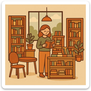 modern bookstore with sleek design, geometric shapes, organized book displays, modern furniture, bright and airy sticker