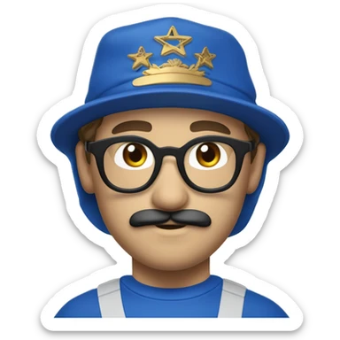 Homme européen yeux bleus avec une moustache portant des lunettes bleues  une casquette jordan bleu un survêtement bleu sticker