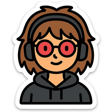 tan brunette girl with a short wolf haircut, round ruby glasses, black headphones, and a black hoodie sticker