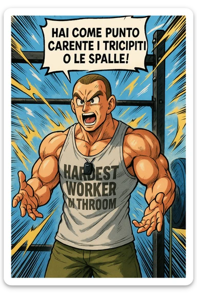 Personal trainer che dice al suo allievo, "hai come punto carente i tricipiti o le spalle!" Stile manga di Dragon Ball sticker
