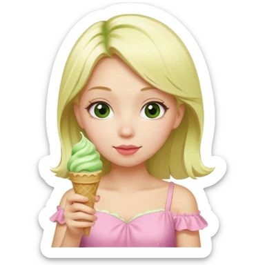 girl blonde long hair in pink dress,  eating matcha ice cream sticker