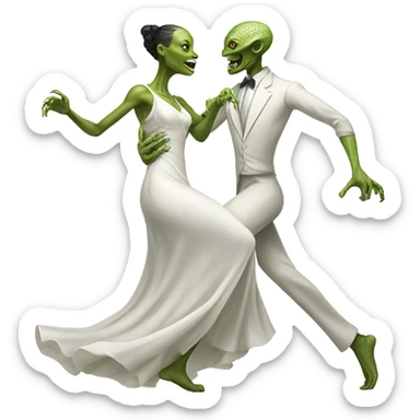  a Reptilian alien woman, in white dress, dance with a man sticker