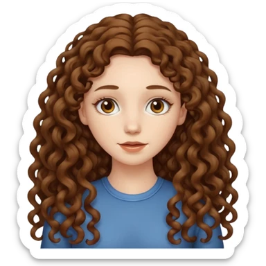 pale woman with brown curly very long hair, middle part. the hair is very long, waist length, but you can't see her waist sticker