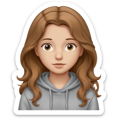 Girl with long and light brown hair and wear hoody and her hai is somethig betwwen curly and stright and her eyes is same color with her hair her skin is white sticker