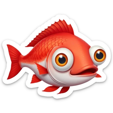 extremely derpy red fish with bulging eye and goofy buck teeth, perfect flat side profile facing right, exactly 90 degrees, completely 2D like a paper cutout, only one eye visible, absolute side view sticker