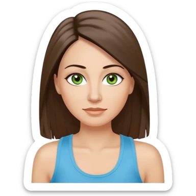 43 year old Adult woman avatar, light skin tone, long, oval face, long straight ashy brown hair, green almond-shaped eyes with dramatic eyelashes and minimal eyeliner, neutral mouth, medium straight eyebrows, small nose, smooth skin, sky blue tank top sticker