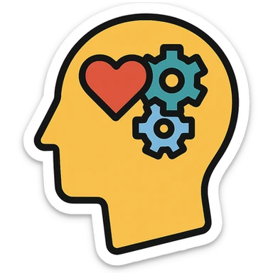 Vector illustration of a human head icon in profile view, with a heart or gears inside the head symbolizing emotional intelligence or cognitive processing. Clean and sharp lines, with subtle realistic shadows and glossy highlights for depth. Flat yet modern vector style. Transparent background sticker