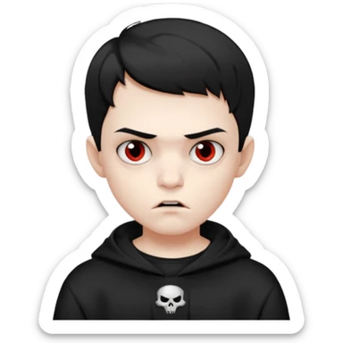 Vampire boy with the short black hair, pale-white skin, black eyes, little fangs and dark circles under his eyes. He has serious face and he wear a black oversize sweatshot sticker