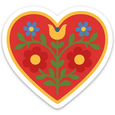 Red heart with Slavic folk art nature motif, featuring bright folk colors and simple, bold stylized flowers and vines. The design is easily recognizable when downsized and includes a border around the heart. sticker