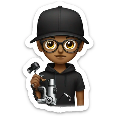 black cap, hoodie and glasses boy holding tattoo machine sticker