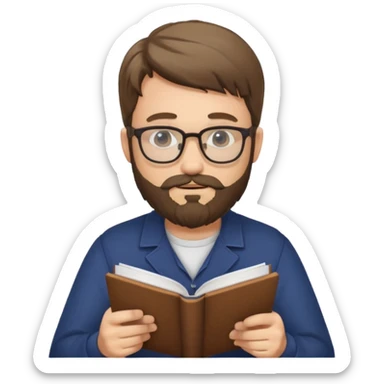 bearded man with glasses studying sticker