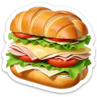 sandwich with turkey, lettuce, pickles, mayonnaise, and tomatoes on a croissant sticker