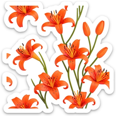 Traditional Japanese tiger lily (oniyuri) flower with elegant sumi-e inspired style, vibrant orange-red petals with black spots, delicate brush-like strokes, zen aesthetic sticker